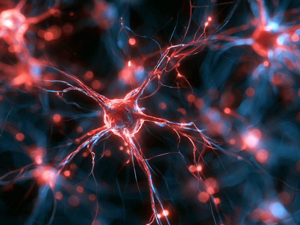 3D-Visualisierung von Gehirnströmen und Synapsen, die die Ausschüttung von Dopamin durch Nikotin verdeutlicht.