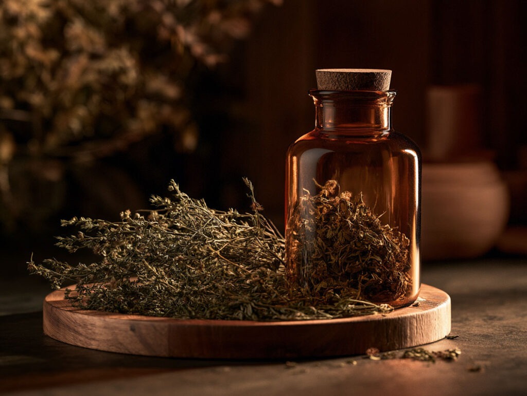 Ästhetisches Stillleben mit getrocknetem Odermennigkraut (Agrimoniae herba) in einem dunklen Apotheker-Braunglas