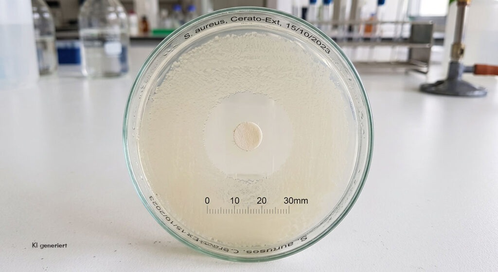 Agar-Diffusions-Test in einer Petrischale mit deutlichem Hemmhof gegen Staphylococcus aureus durch Ceratostigma-Extrakt.