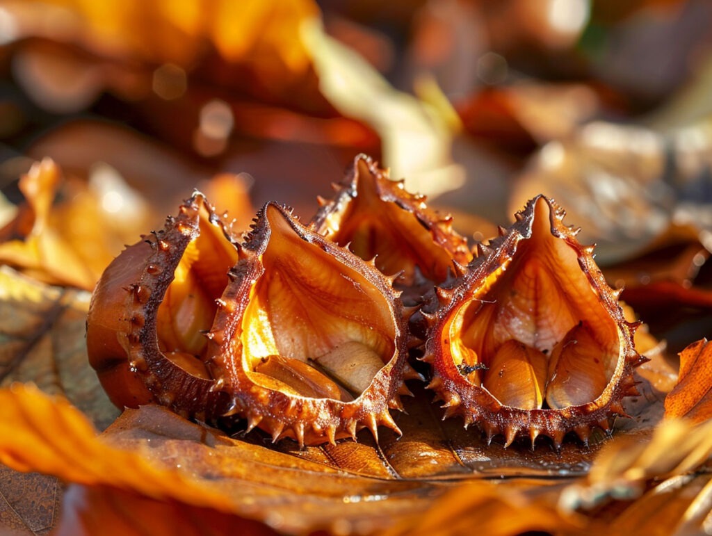 Reife Bucheckern in ihren holzigen Fruchtbechern auf herbstlichem Waldboden