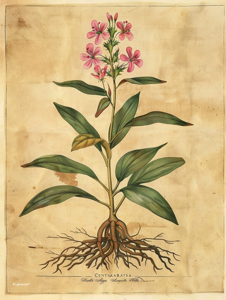 Historischer botanischer Kupferstich von Centaurium erythraea aus dem 16. Jahrhundert auf antikem Papier.