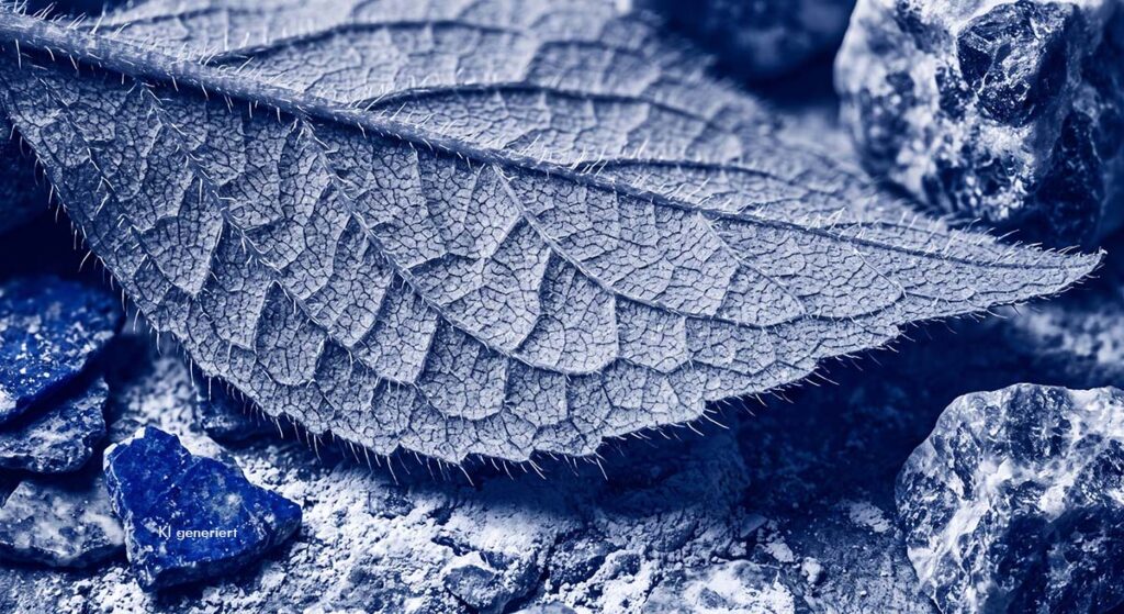 Makroaufnahme der Blattstruktur von Ceratostigma willmottianum in Blautönen kombiniert mit Lapislazuli- und Sodalith-Mineralien.