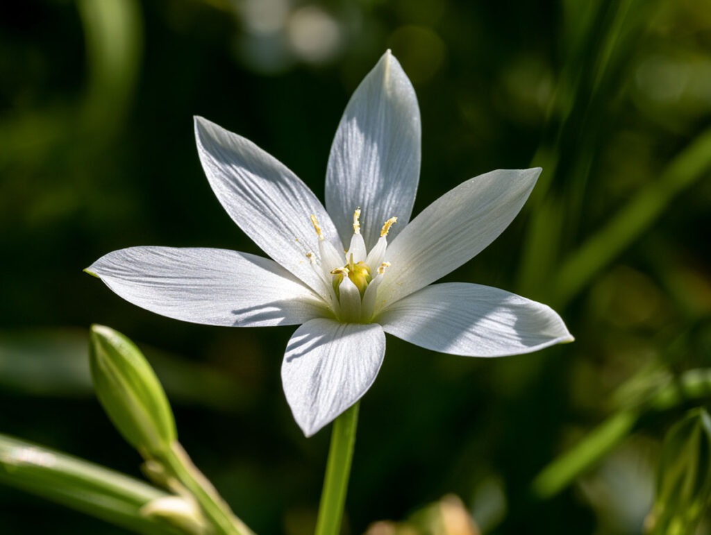 Weiße Blüte des Doldigen Milchsterns Star of Bethlehem aus nächster Nähe