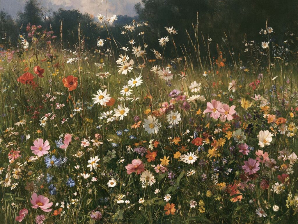 Sonnige englische Blumenwiese mit wilden Blüten zur Herstellung von Bachblütenessenzen