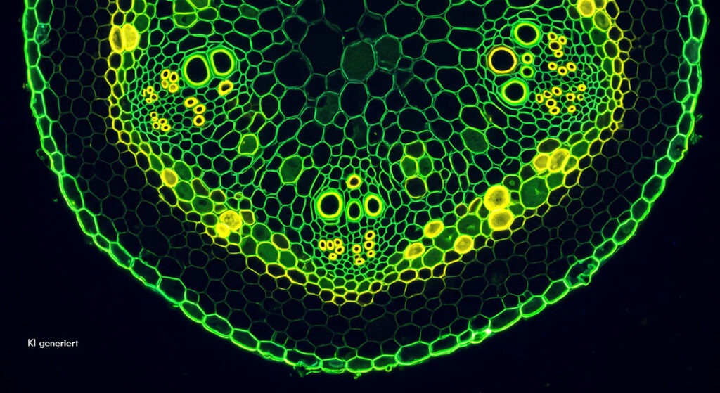 Fluoreszenzmikroskopischer Querschnitt eines Stängels der Chinesischen Bleiwurz unter UV-Licht mit leuchtenden Leitbündeln und Wirkstoffzellen.
