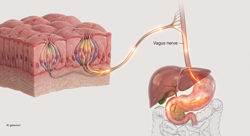 Medizinische 3D-Schema-Grafik: Signalweg von TAS2R-Bitterstoffrezeptoren der Zunge über den Vagusnerv zu Magen, Leber und Bauchspeicheldrüse.