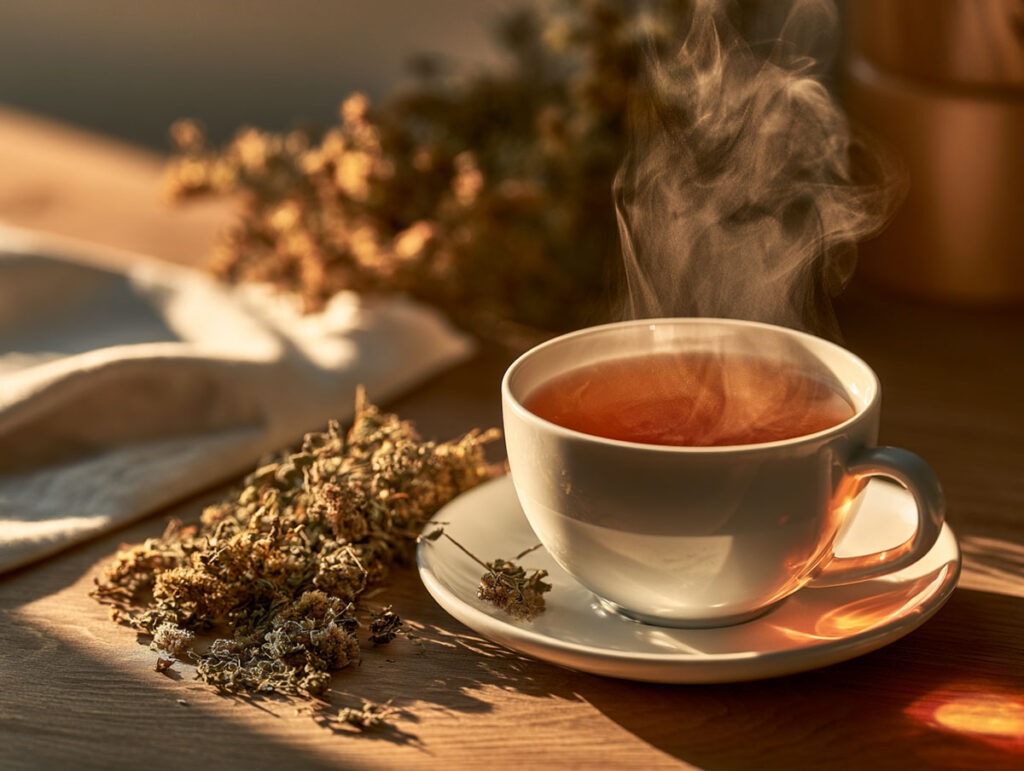 Dampfende Tasse frischer Odermennig-Tee auf einem Holztisch, daneben lose getrocknete Agrimonia eupatoria Kräuter