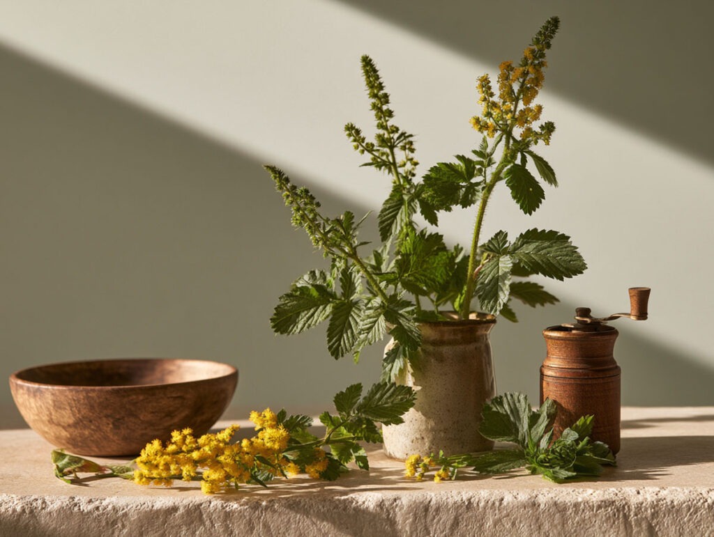 Moderne botanische Fotografie von Agrimonia eupatoria neben traditionellen TCM-Utensilien wie Mörser und Waage in heller Umgebung