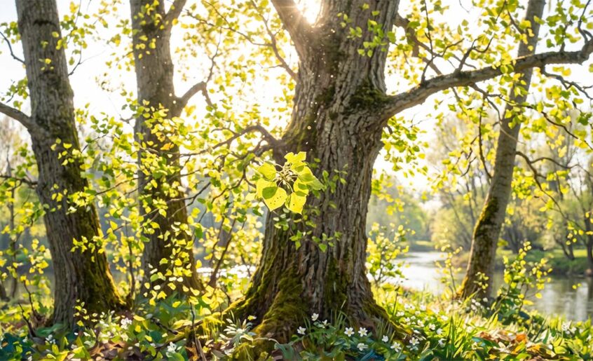 Mächtige Zitterpappel Populus tremula im Frühjahr mit frischen Blättern im Sonnenlicht