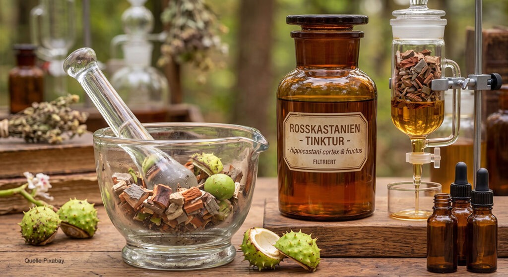 Klassischer Glasmörser mit geschnittener Rosskastanienrinde und unreifen Früchten neben braunem Apotheker-Standgefäß und Perkolator mit filtrierter Tinktur.