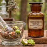 Klassischer Glasmörser mit geschnittener Rosskastanienrinde und unreifen Früchten neben braunem Apotheker-Standgefäß und Perkolator mit filtrierter Tinktur.