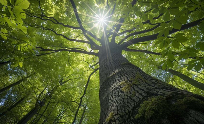Imposante Rotbuche (Fagus sylvatica) in einem dichten Buchenwald im Frühling