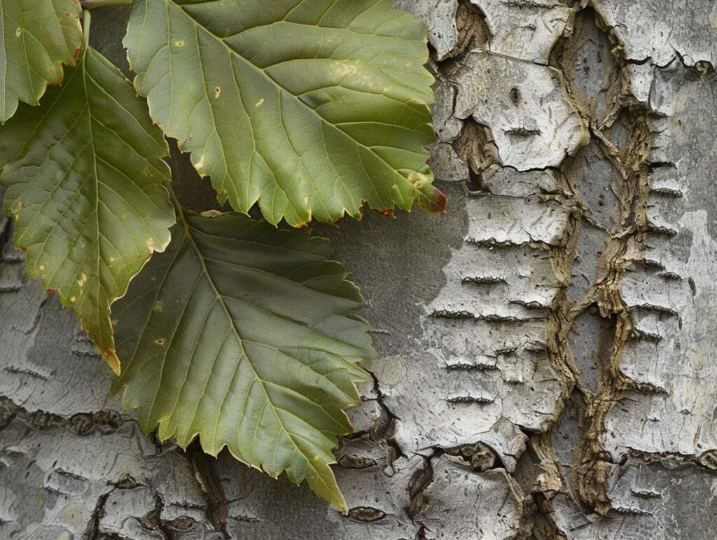 Glatte graue Rinde und frische grüne Blätter der Rotbuche (Fagus sylvatica)
