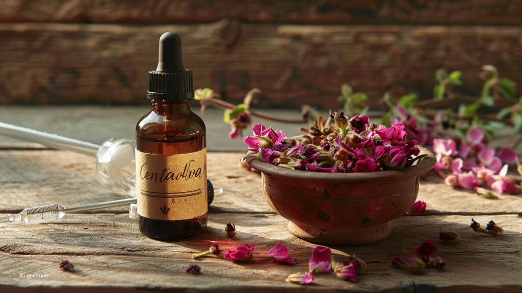 Apotheker-Braunglasflasche mit Tausendgüldenkraut-Tinktur neben getrockneter Arzneidroge Centaurii herba.