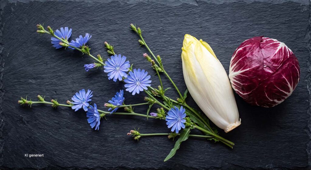 Flachlegebild auf dunklem Schiefer mit blühendem Wegwartenzweig, weißem Chicorée-Zapfen und rotem Radicchio-Kopf
