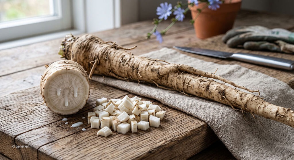 Frisch geerntete Wegwartenwurzel auf Holzbrett mit Querschnitt, austretendem Milchsaft und geschnittenen Wurzelstücken