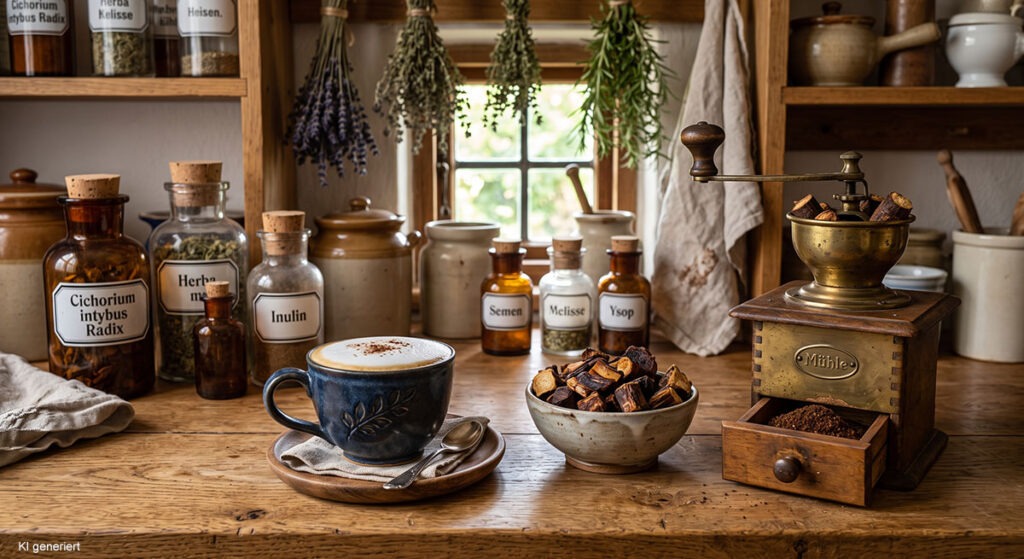 Tasse dampfender Zichorienkaffee mit Milchschaum neben gerösteten Wegwartenwurzeln und antiker Kaffeemühle in einer Kräuterküche