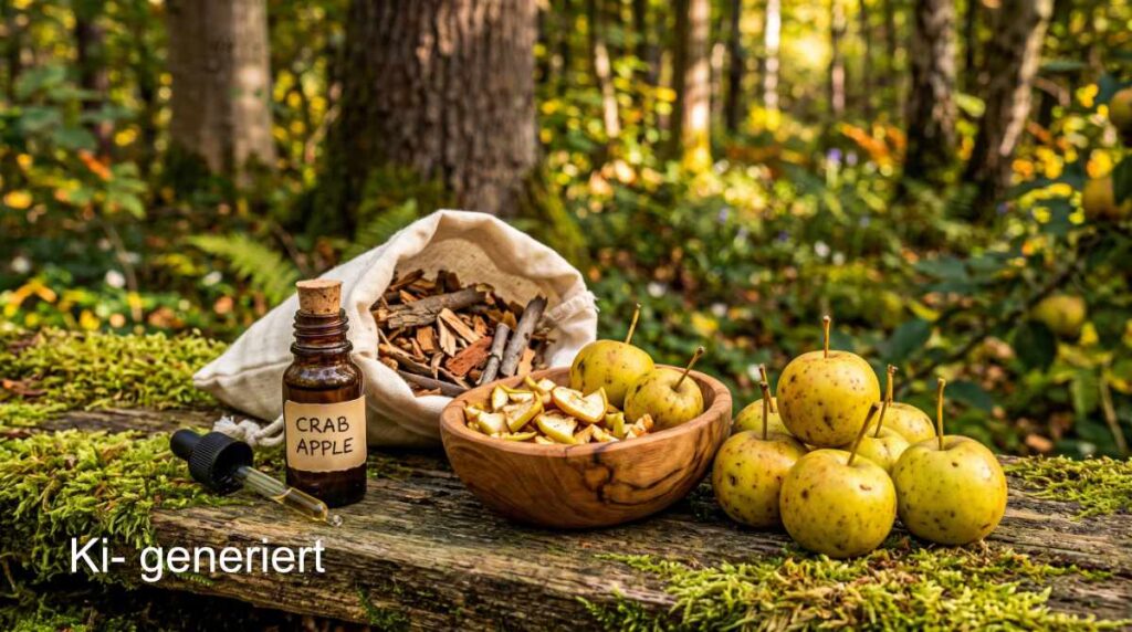 Braunglasflasche mit Pipette beschriftet mit Crab Apple neben getrockneten Apfelstücken und frischen Holzäpfeln auf moosigem Holz.