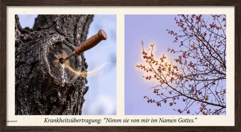 Angebohrter Ulmenstamm mit eingepasstem Holzstopfen und austretendem Baumharz, daneben ein zweigeteiltes Bild mit blühendem Baumwipfel im Morgenlicht.