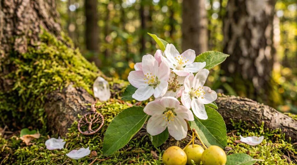 Zarte weiße Holzapfelblüten mit Früchten, einem klaren Bergkristall und keltischem Lebensbaum-Anhänger auf Moosgrund.