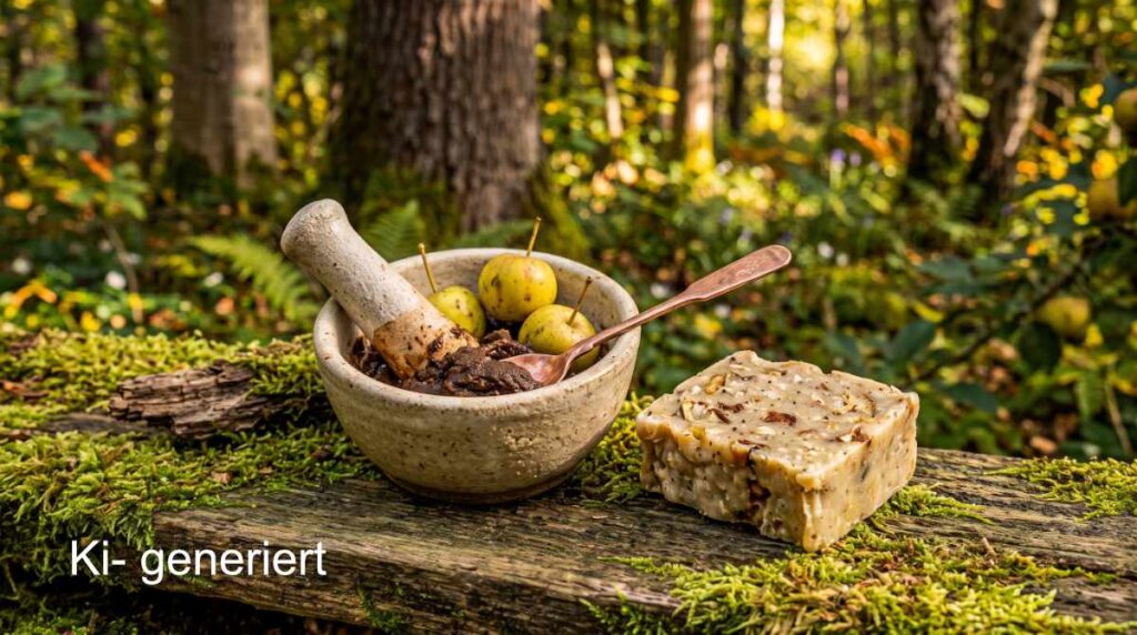Rustikaler Keramikmörser mit zerstoßenem Holzapfelmus und ein Stück naturreine Kräuterseife auf einem moosbedeckten Baumstamm.