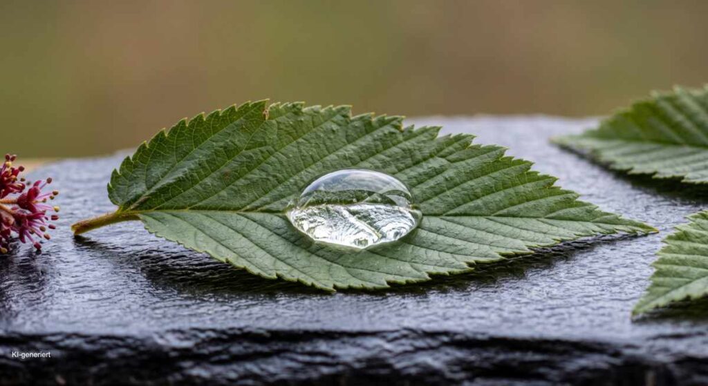 Großer, glasklarer Wassertropfen auf der gerippten Oberfläche eines Ulmenblattes auf dunkler Schieferplatte.