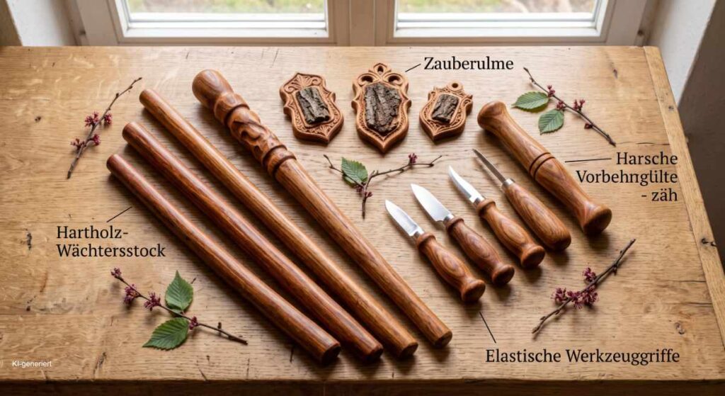 Geschnitzter Nachtwächterstock aus zähem Ulmenholz, Amulette mit eingenähter Rinde und Schnitzwerkzeuge auf Holztisch.