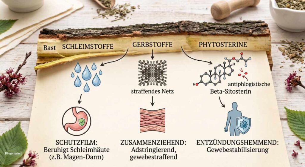 nfografik zur Ulmenrinde mit Bastschicht und Zuordnung von Schleimstoffen, Gerbstoffen und Phytosterinen zu ihren Heilwirkungen.